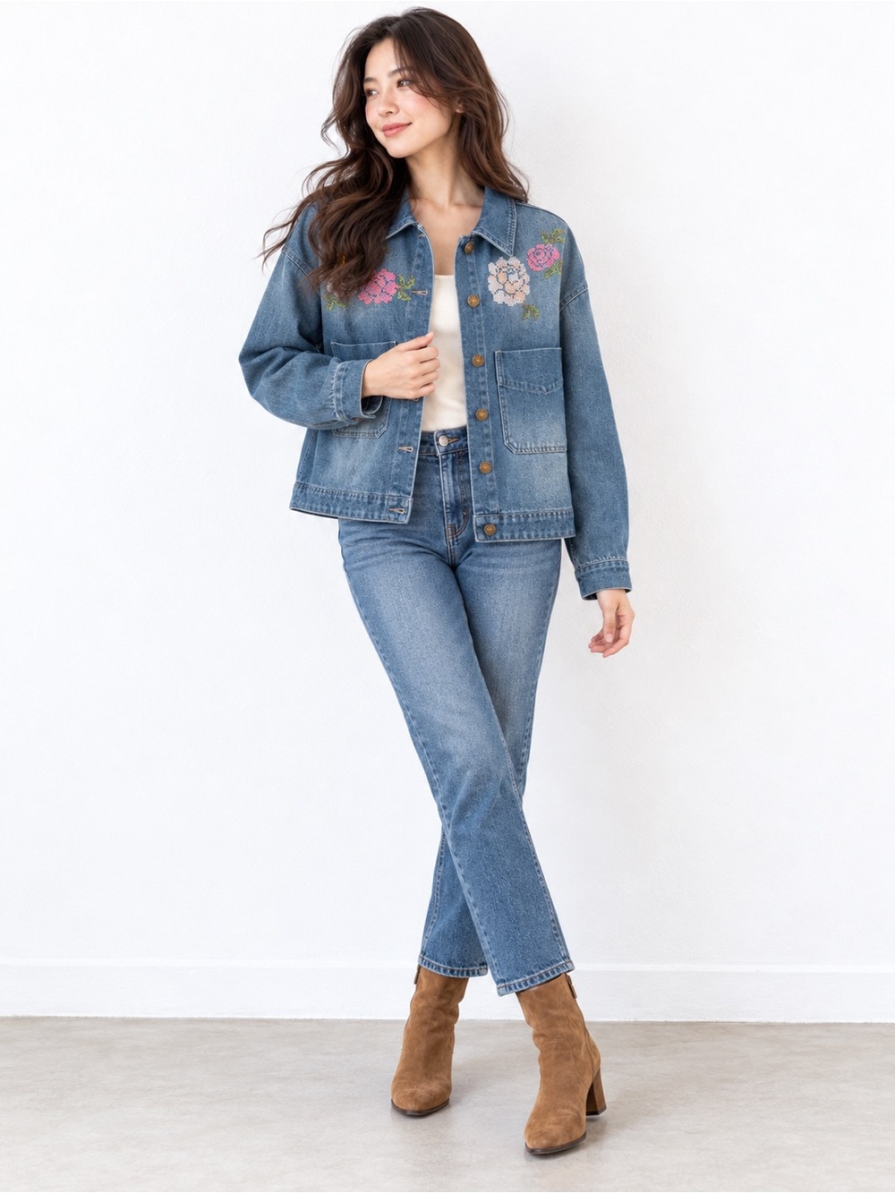 Easel Floral Embroidered Denim Jacket – Blue Cropped Button Front Jean Jacket